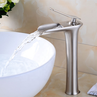 Yile hot sale tall brushed nickel washbasin mixer bathroom waterfall faucet